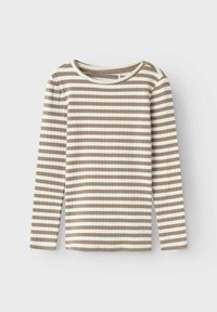 Koszula z długim rękawem z prążkowanej tkaniny w poziome pasiaki w kolorze brązowym i kremowym. Okrągły dekolt i dopasowany krój.