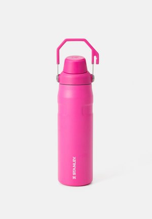 Pink stainless steel water bottle with a narrow body, screw top lid, and a metal handle. Features a matte finish and logo on the front.