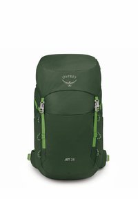 Zaino Osprey verde con parte superiore arrotondata, cinghie di compressione laterali e una tasca frontale. Dimensioni indicate come "JET 28" sulla parte anteriore.