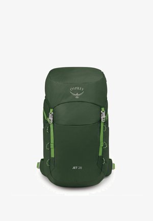 Sac à dos Osprey vert avec un dessus arrondi, des sangles de compression latérales et une poche avant. Dimensions indiquées comme "JET 28" à l'avant.