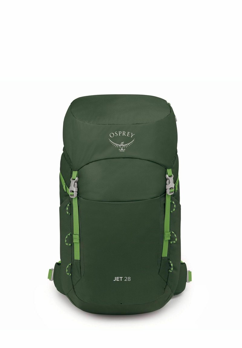 Zaino Osprey verde con parte superiore arrotondata, cinghie di compressione laterali e una tasca frontale. Dimensioni indicate come "JET 28" sulla parte anteriore.