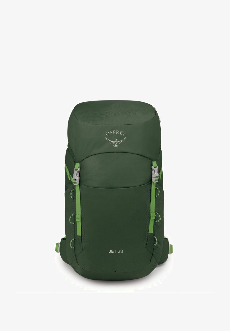 Sac à dos Osprey vert avec un dessus arrondi, des sangles de compression latérales et une poche avant. Dimensions indiquées comme "JET 28" à l'avant.