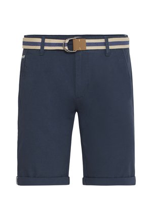 Temno modri kratki hlače iz bombaža z zavitimi robovi, ki vključujejo bež in temno modro pás z okroglo kovinsko sponko.