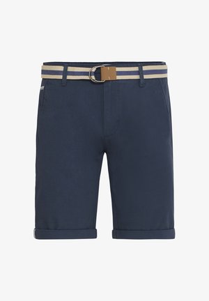 Marineblaue Shorts aus Baumwolle mit umgeschlagenem Saum, ausgestattet mit einem beigen und marineblauen gestreiften Gürtel mit einer runden Metallschnalle.