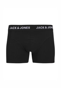Schwarze Boxershorts aus weichem Stoff mit enger Passform. Mit einem weißen, mit "JACK & JONES" bedruckten, elastischen Bund.