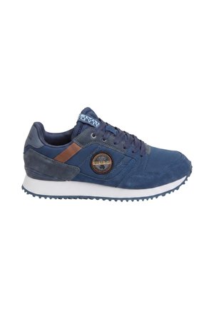 Navy blue sneaker with white sole, brown accent strap, circular brand logo on side, and dark blue laces.