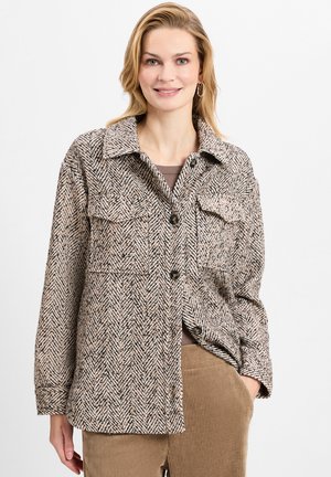 Brown and beige herringbone-patterned jacket with a collar, front pockets, and button closures, made of textured fabric.