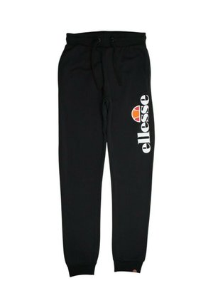 Pantalon de survêtement noir en tissu doux avec une taille à cordon. Il présente un logo blanc et un emblème coloré sur la jambe gauche.