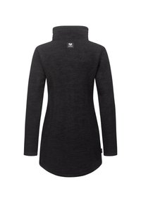Black long-sleeve jacket with a high collared neck. Features textured fabric and a logo tag at the back. Tailored fit with curved hemline.