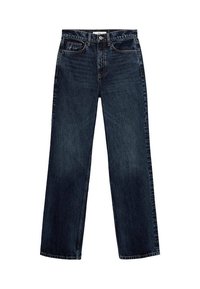 Jeans de mezclilla azul oscuro con un diseño de pierna recta, estilo de cinco bolsillos, cierre con botón en la parte superior y detalles de costura robustos.