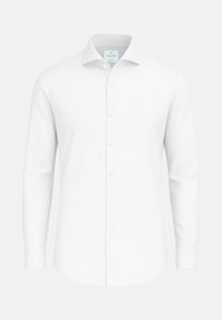 Witte langemouwen overhemd van textuurstof, met een puntige kraag en een voorpaneel met zes knopen. Geen zichtbare patronen of accenten.