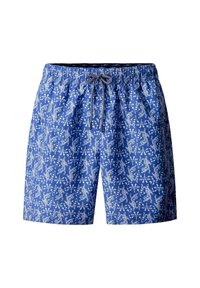 Modré plavkové šortky s bielymi tigrami a kvetinovými vzormi, elastickým pásom a čierno-bielou šnúrkou uprostred prednej strany.