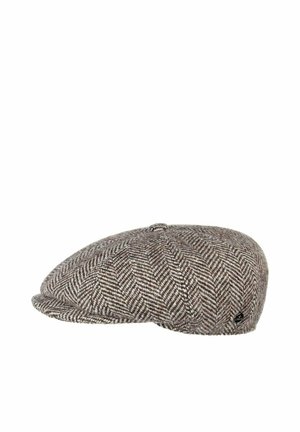 Braune und beige Fischgräten-Flachkappe mit Knopf oben und kleinem schwarzen Logoetikett an der Seite.