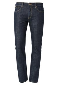 Jeans de mezclilla azul oscuro con diseño de pierna recta, cinco bolsillos y detalles de costura amarilla. Incluye un botón de metal y cierre de cremallera.