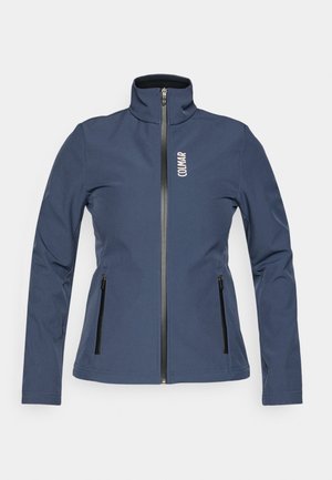 Mornarsko modra softshell jakna z visokim ovratnikom, sprednjim zipom in dvema stranskima žepoma z zadrgo. Na zgornji levi strani je logotip "COLMAR".