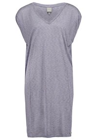 Abito lavanda melange con scollatura a V, maniche corte, vestibilità comoda, lunghezza media con spacchi laterali, texture morbida, tessuto leggero, design casual.