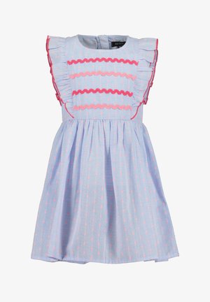 Blaues Kleid mit Rüschensäumen, verfügt über rosa gewellte Akzente und ein gepunktetes Muster. Weicher Stoff, knielang, mit einem Reißverschluss auf der Rückseite.