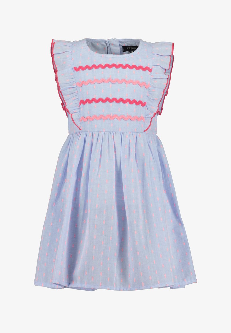 Niebieska sukienka z falbaniastymi rękawami, z różowymi falistymi akcentami i kropkowanym wzorem. Miękka tkanina, do kolan, z zapięciem na zamek z tyłu.