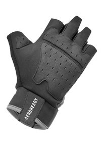 Black fingerless glove with a padded palm, perforated design for ventilation, and elastic wrist strap, featuring an "AEROREADY" label.