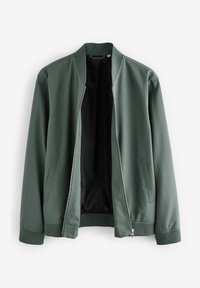 Chaqueta bomber en verde oscuro, con un diseño sólido, textura lisa, puños acanalados y cremallera frontal. Forrada con tela negra.