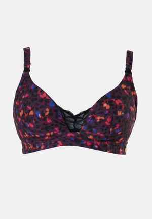 Zwarte en meerkleurige bloemenprint bralette met kantafwerking, verstelbare bandjes en een driehoekig ontwerp. Zachte stof met een gladde textuur.