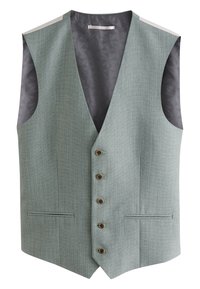 Veste vert clair texturée avec un col en V, cinq boutons marron, deux poches latérales et une doublure foncée à motifs. Sans manches.