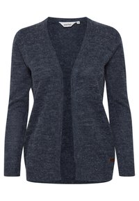 Tmavě šedý pletený cardigan s otevřeným předním dílem a dlouhými rukávy, s mírně melírovanou strukturou, velikost malá.