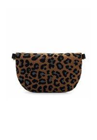 Borsa a tracolla con stampa leopardata in morbido tessuto marrone, con macchie nere, forma curva e dettagli neri sulla tracolla.