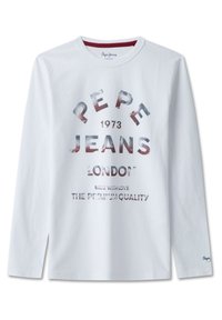 Bílá bavlněná tričko s dlouhým rukávem, s grafickým potiskem "PEPE JEANS" v šedé a červené barvě, a další text pod ním. Kulatý výstřih.