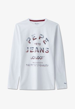 Biała bawełniana koszulka z długim rękawem z graficznym nadrukiem zawierającym napis "PEPE JEANS" w odcieniach szaro-czerwonych oraz dodatkowym tekstem poniżej. Okrągły dekolt.
