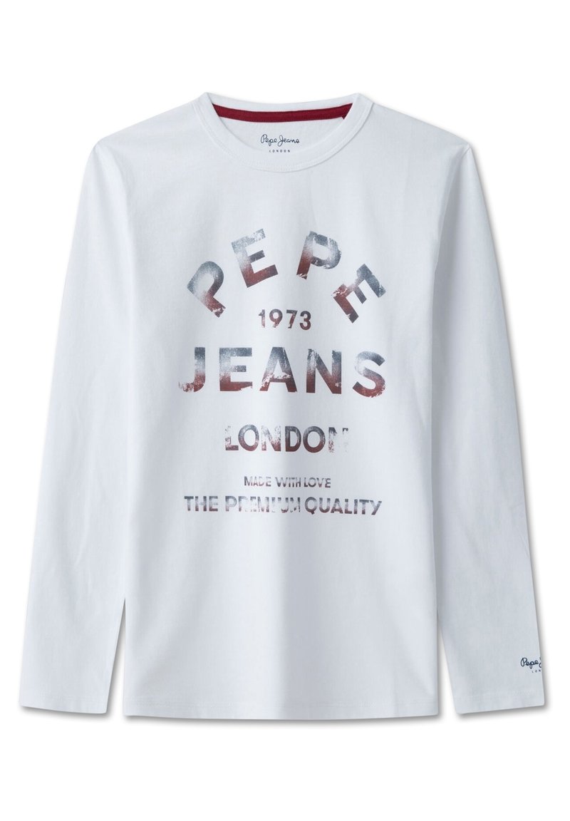 Bílá bavlněná tričko s dlouhým rukávem, s grafickým potiskem "PEPE JEANS" v šedé a červené barvě, a další text pod ním. Kulatý výstřih.