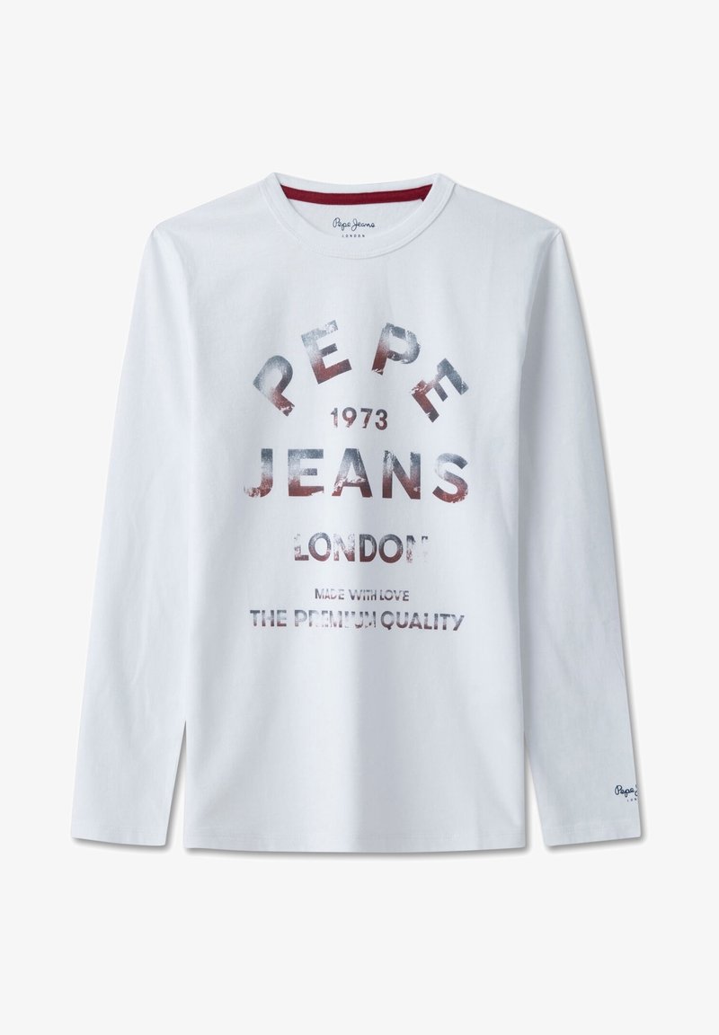 Langärmliges weißes Baumwoll-T-Shirt mit Grafikdruck "PEPE JEANS" in Grau und Rot sowie zusätzlichem Text darunter. Runder Halsausschnitt.
