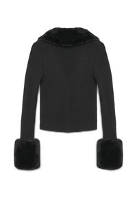 Schwarzer gerippter Pullover mit einem Kunstfellkragen und -bündchen. Das Design verfügt über lange Ärmel und eine figurbetonte, kurze Silhouette.