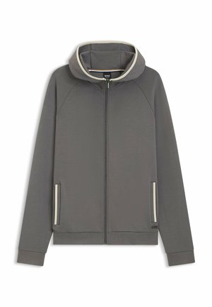 Grauer Kapuzenpullover mit Reißverschluss, Fronttaschen und weißem Besatz rund um die Kapuze und die Taschenkanten, mit kleinem BOSS-Logo nahe dem Saum.