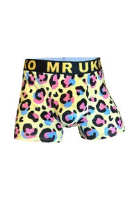 Kolorowe bokserki w leopardzi wzór z żółtą bazą, czarnym paskiem w talii z wyraźnym żółtym napisem "MR UK" oraz intensywnymi różowymi i niebieskimi akcentami.