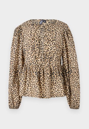 Blůza s leopardím vzorem v světle hnědé a černé barvě, s nabíraným výstřihem, dlouhými rukávy s elastickými manžetami a peplum spodním okrajem.