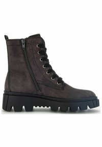 Black faux leather ankle boots with a chunky sole, featuring a front lace-up and side zipper design. Textured for durability.