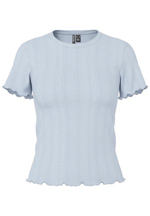 Top azzurro chiaro a maniche corte con texture a coste, orlo scallop e scollatura rotonda. Il tessuto presenta sottili motivi a diamante.