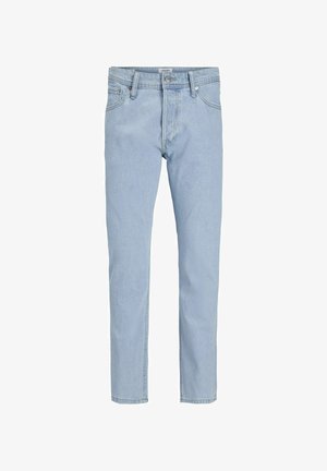 Light blue denim jeans with a straight-leg cut, featuring a traditional five-pocket design and subtle fading for texture.