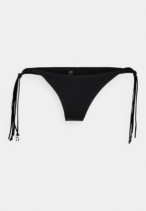 Black bikini bottom with a low-rise design, side ties featuring thin straps, and gold accents at the ends. Smooth texture and minimal coverage.