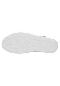 Weißer Schuhsohlen mit strukturiertem Design, das eine gemusterte GummOberfläche und sichtbare Rillen für Traktion aufweist. Glatte Kanten mit abgerundetem Zehenbereich.