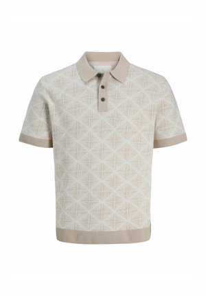 Cream short-sleeve polo shirt with a geometric triangle pattern, ribbed collar and cuffs, and three-button placket design.