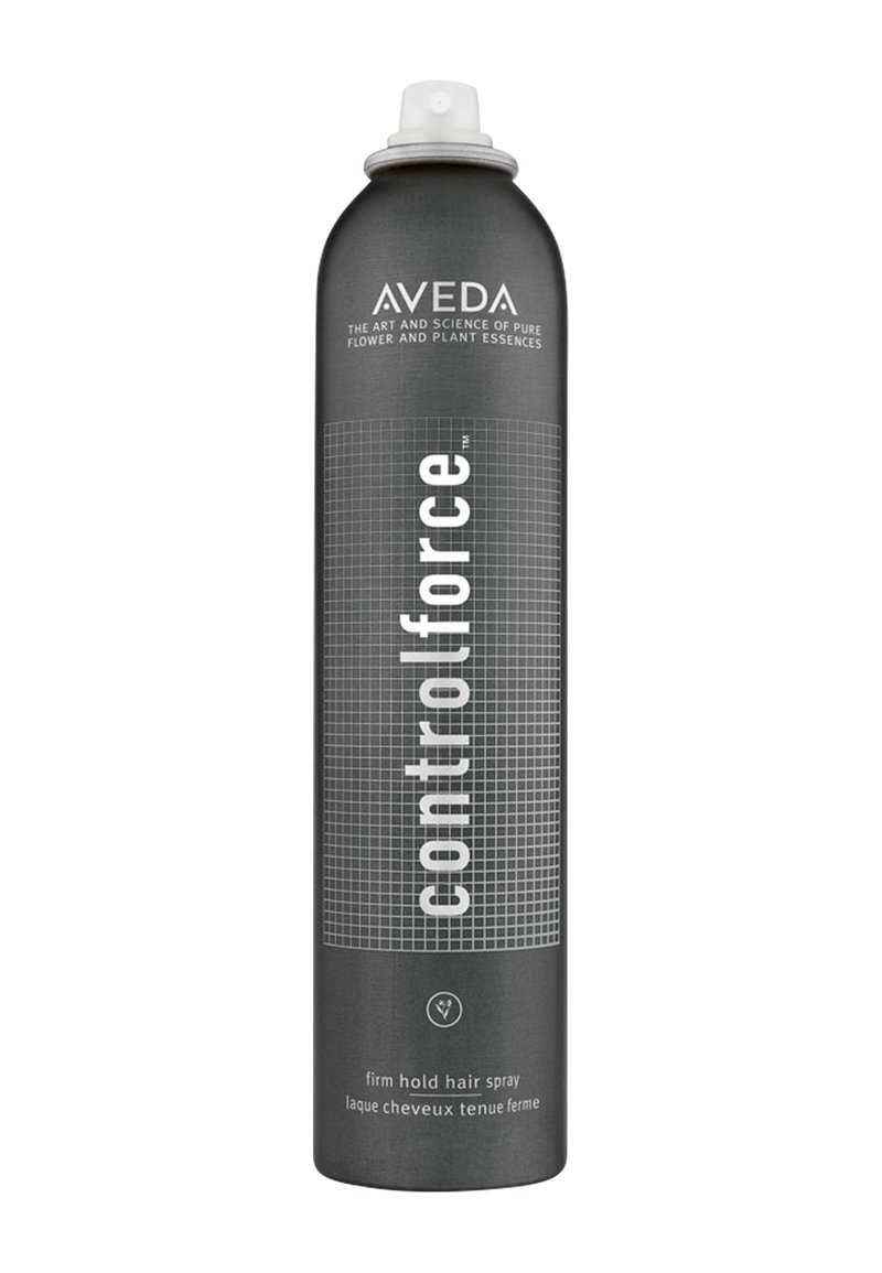 Aveda Control Force haarspray in een hoge, matte zwarte spuitbus met witte, vetgedrukte tekst en een rasterpatroon, met een spuitmondje bovenop.