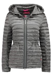 Grau gepolsterte Jacke mit tailliertem Design, Reißverschluss, verstellbaren Kordeln in der Taille und abnehmbarer Kapuze. Mit glänzender Oberfläche.