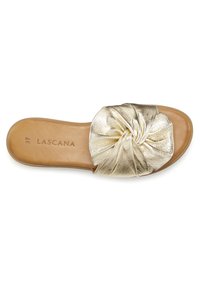 Gold metallic slide sandal with a knotted front design. Features a smooth, shiny exterior and a brown textured footbed. Size 37 labeled inside.