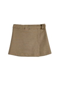Ruskea ruudullinen mini-hame, jossa on vyö suorakulmaisen soljen kanssa, muotoiltu vyötärö ja levenevä helma. Valmistettu teksturoidusta kankaasta.