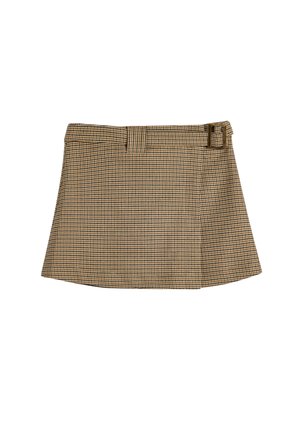 Korte bruine geruite rok met een riem met een rechthoekige gesp, op maat gemaakte taille en een uitlopende zoom. Gemaakt van een gestructureerde stof.