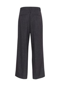 Wide-leg trousers in dark gray fabric with textured finish, featuring two back pockets and a high waist design.