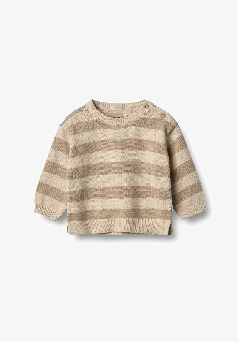Pull bébé tricoté beige et marron clair à rayures avec manches longues et deux boutons sur l'épaule gauche pour la fermeture.
