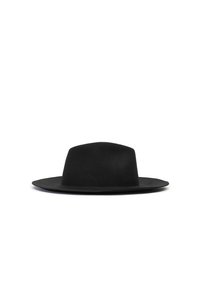 Schwarzer Filzhut mit breiter, flacher Krempe und rundem Hutboden. Glatte Textur, minimalistisches Design, keine sichtbaren Verzierungen oder Muster.